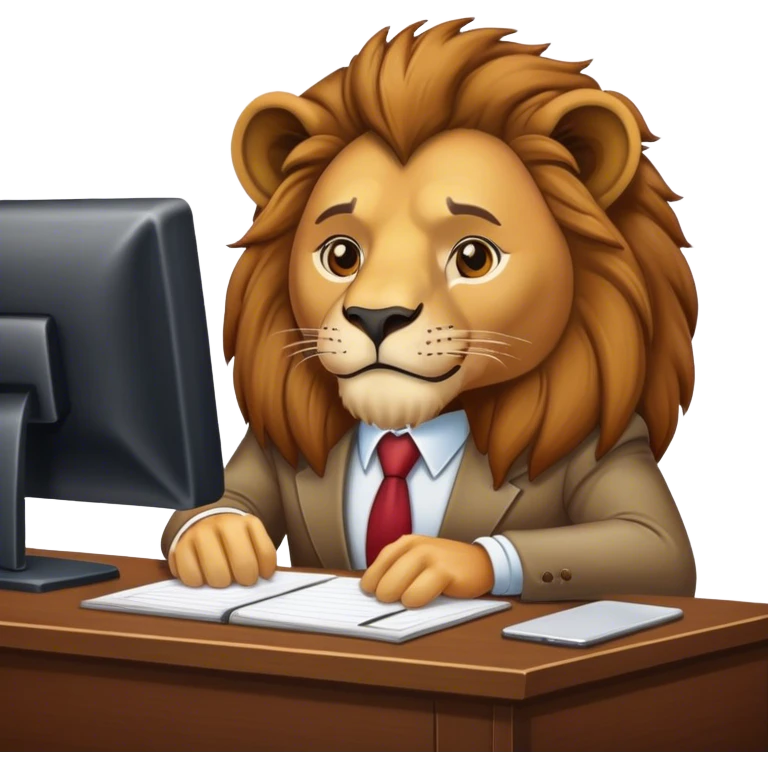 The lion-boss is sitting at the desk in the office. emoji