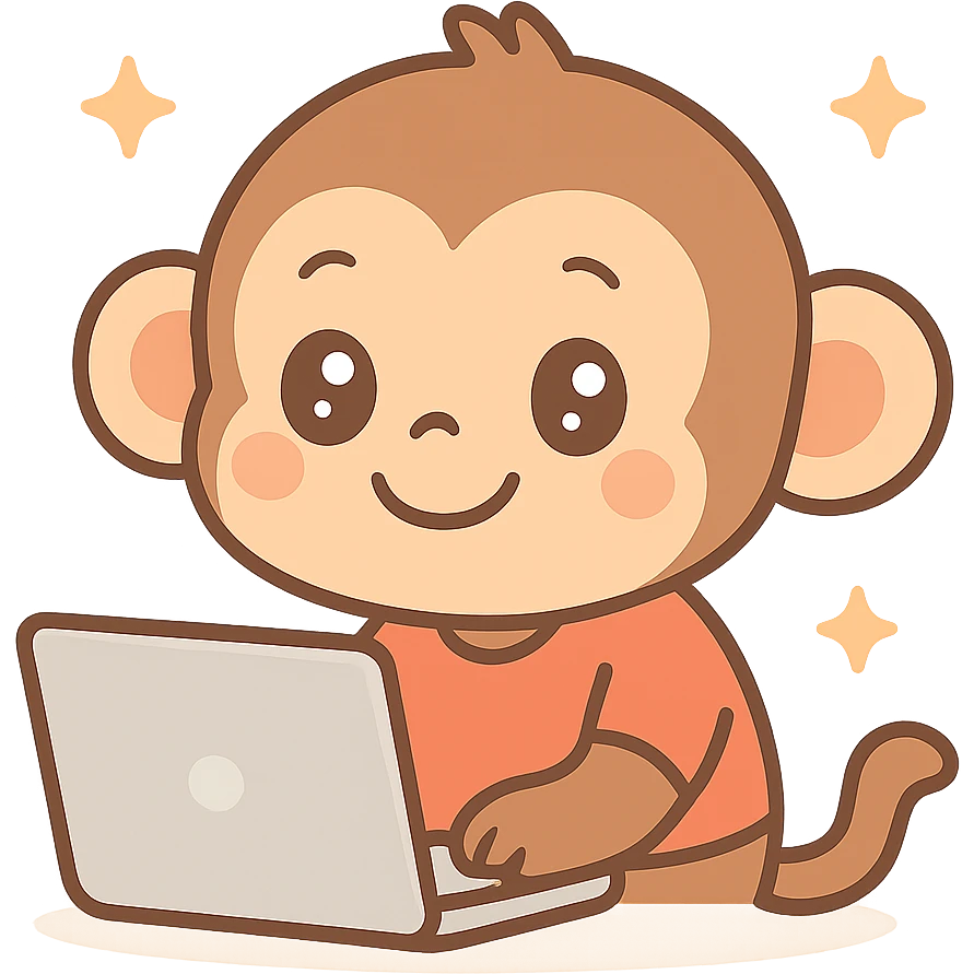 cute cartoon monkey using a laptop, smiling, wearing a red shirt emoji