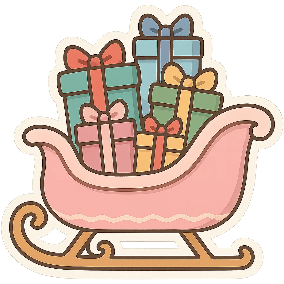 light pink Christmas sleigh piled with colorful gift boxes, cartoon style emoji