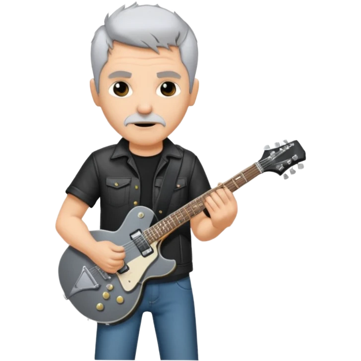 a short grey hair with no beard, middle age metal head with a classic epiphone eletric guitar emoji