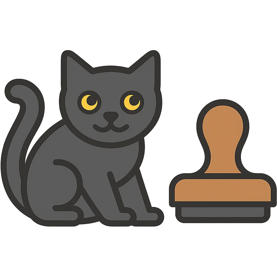Add color to the black cat, keeping the style clear and playful, with a dark gray or black cat and natural stamp colors, no background. Maintain the original style's clarity and playfulness. emoji