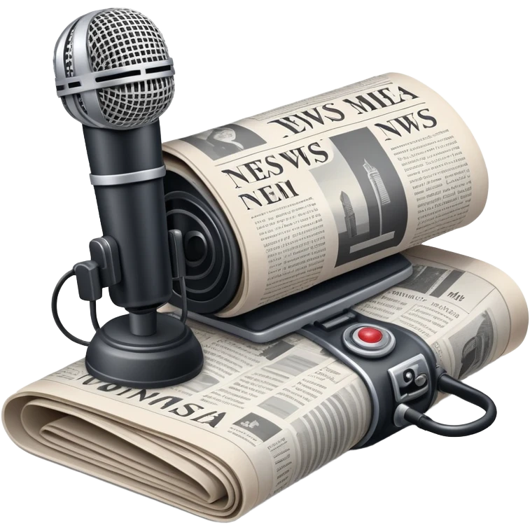 An icon featuring a microphone, a newspaper, a reporter’s camera, and soundwaves, representing journalism and mass media. The design includes headlines and imagery, symbolizing the spread of news and information. Transparent background highlights the power of communication and media. emoji