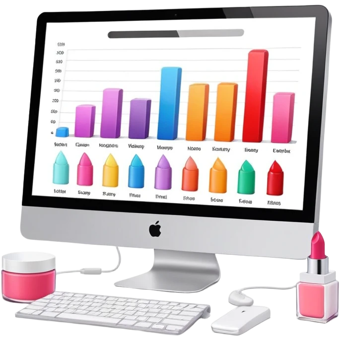 iMac computer with bar charts and beauty products like lipstick, nail polish, cream jars on the screen emoji