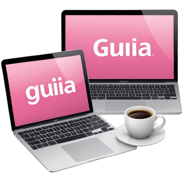 pink magazine with the title 'Guia Pulse' on the cover, next to a coffee cup and a MacBook emoji