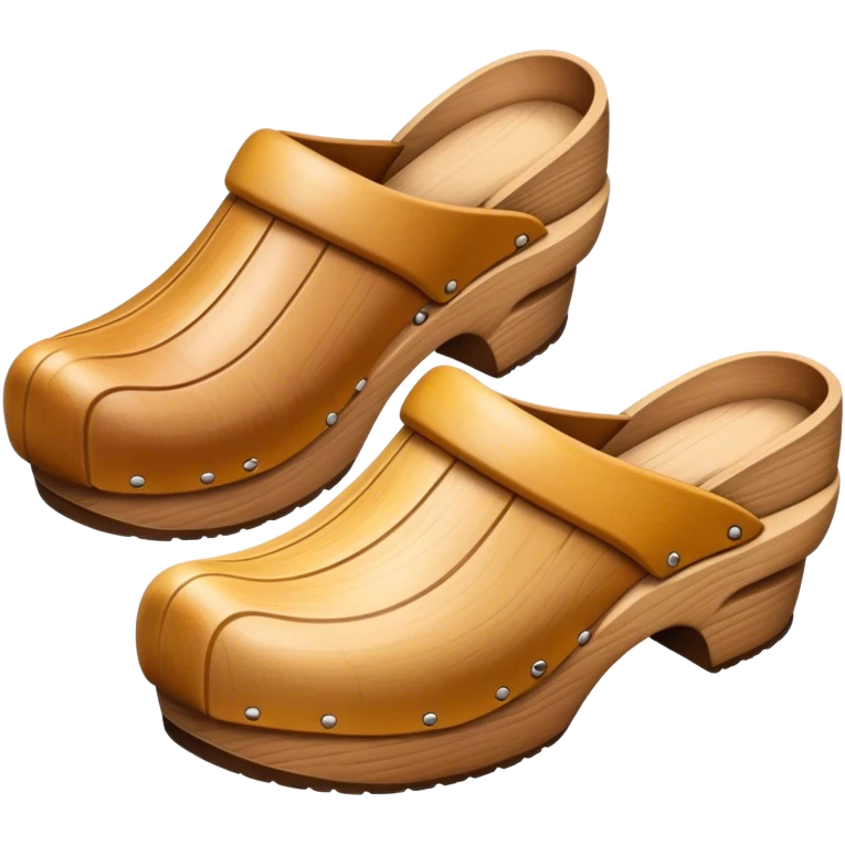 Cinematic Realistic Wooden Clogs Emoji, depicting the classic handcrafted footwear with a smooth, curved design and sturdy wooden soles, rendered with rich textures and warm, natural lighting. emoji