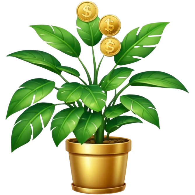 houseplant with lots of coins growing on leaves emoji