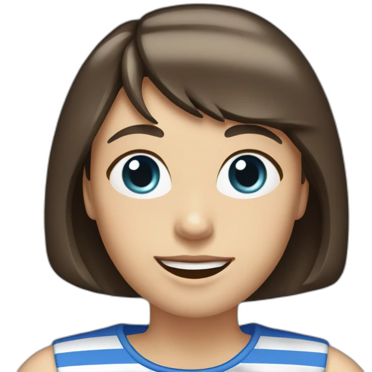 caucasian woman with dark brown hair a bob haircut, bangs, braces on teeth, blue and white striped t shirt emoji