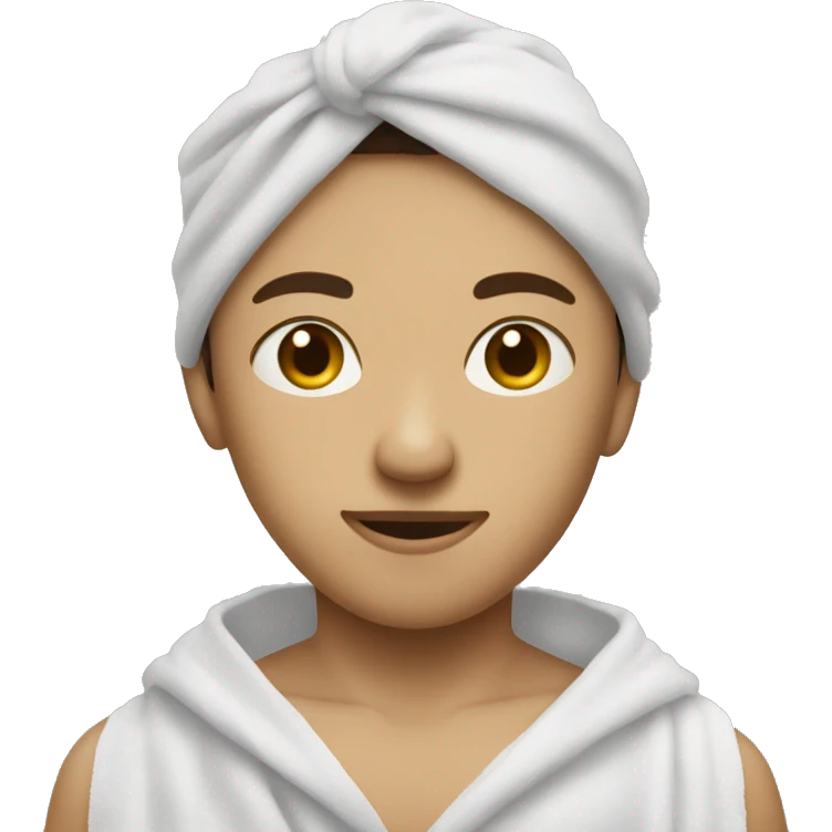 A boy with light skin, a towel on his head, and a face mask on his face, looking straight ahead emoji