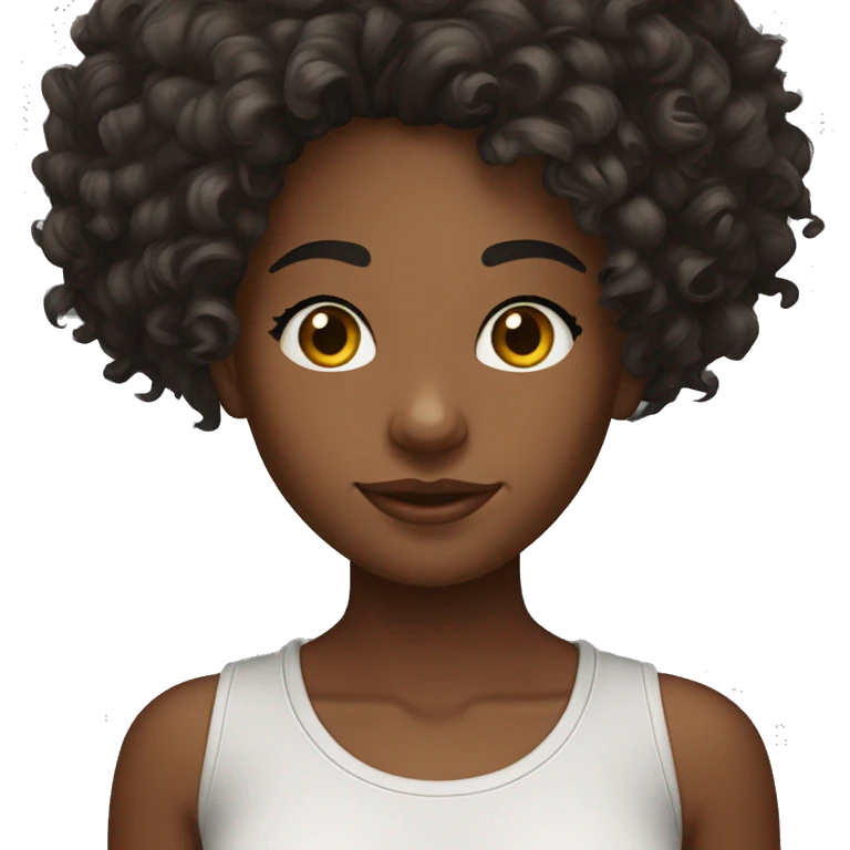 A head and shoulders shot of a 18 year old Martinique woman, with curly 4a dark brown hair,   with dark brown eyes wearing a t-shirt. emoji