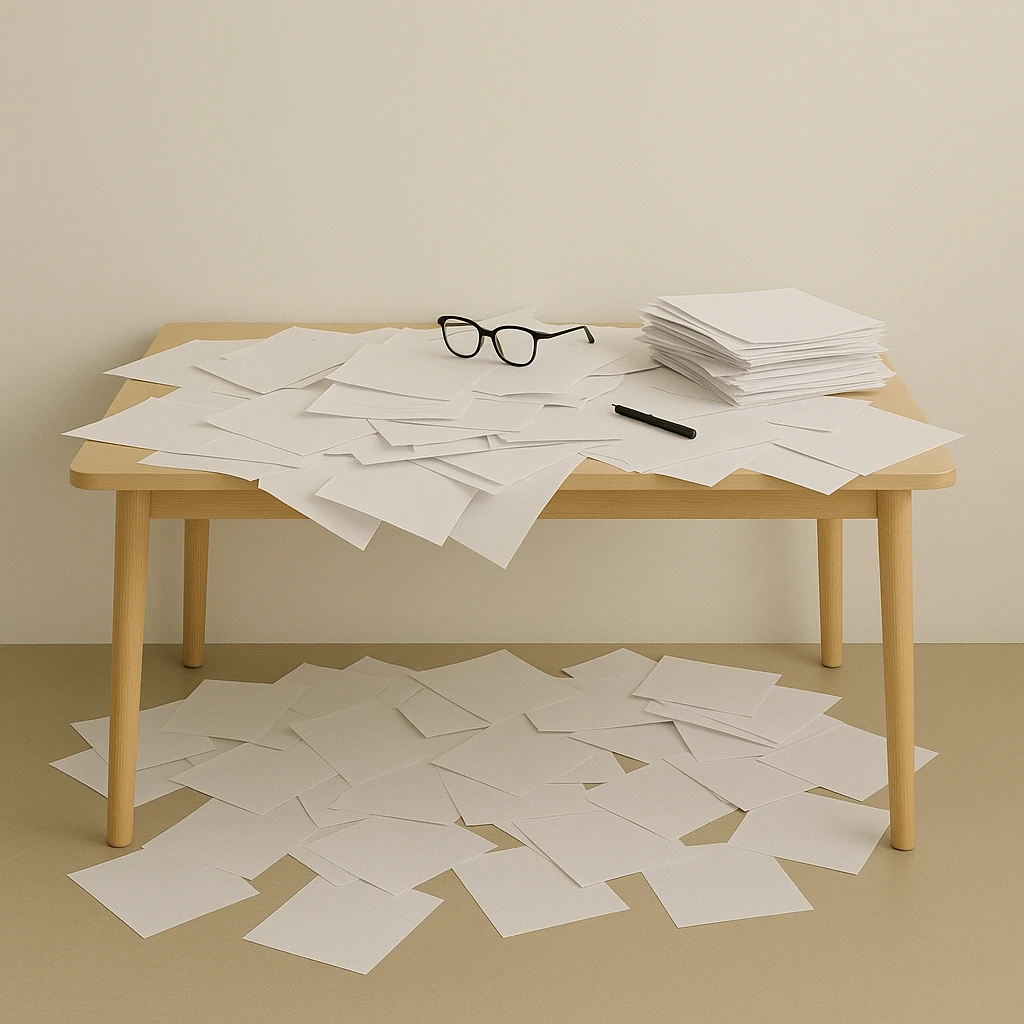 minimalist desk cluttered with papers spilling over, symbolizing overwhelming admin workload, all elements contained within the frame, no edges cut off emoji