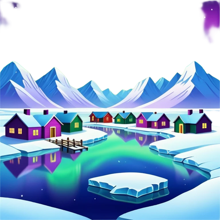 Mohe Arctic Village northernmost point of China with aurora borealis, simplified emoji style with bold outlines and bright colors, cartoon style village with northern lights emoji
