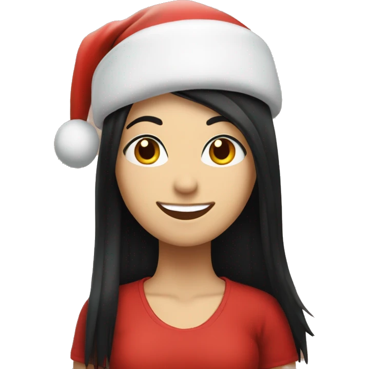 smiling white girl with long straight black hair wearing a Christmas hat  emoji