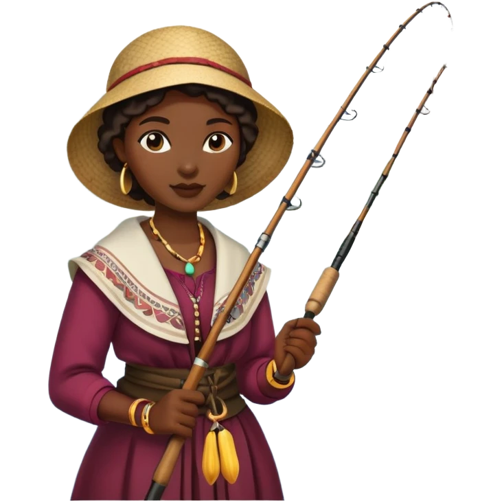 African woman fishing in the river, traditional clothing, holding fishing rod emoji