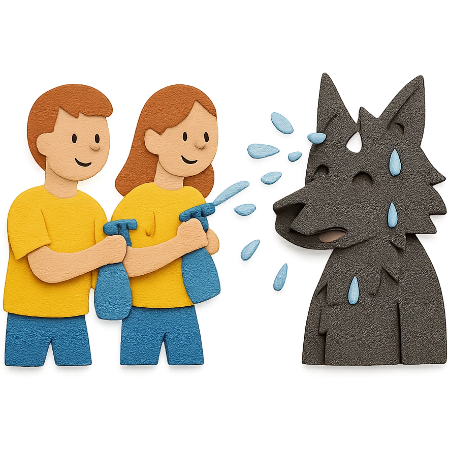 people in yellow shirts spraying water on an anthro black wolf in paper craft style emoji