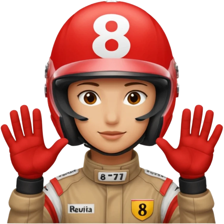 Person wearing red f1 helmet with hands saying 8 7 emoji