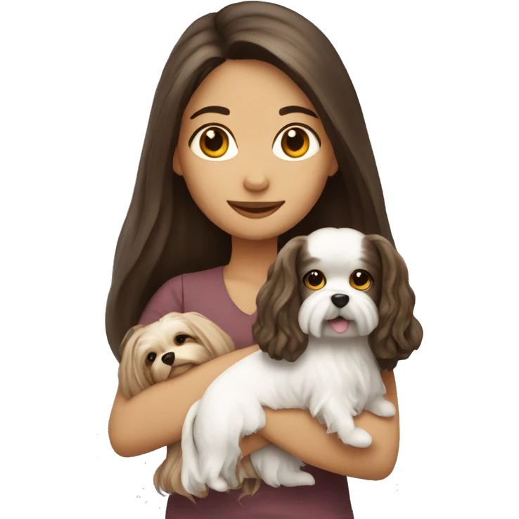Brunette girl long hair holding a Maltese dog emoji