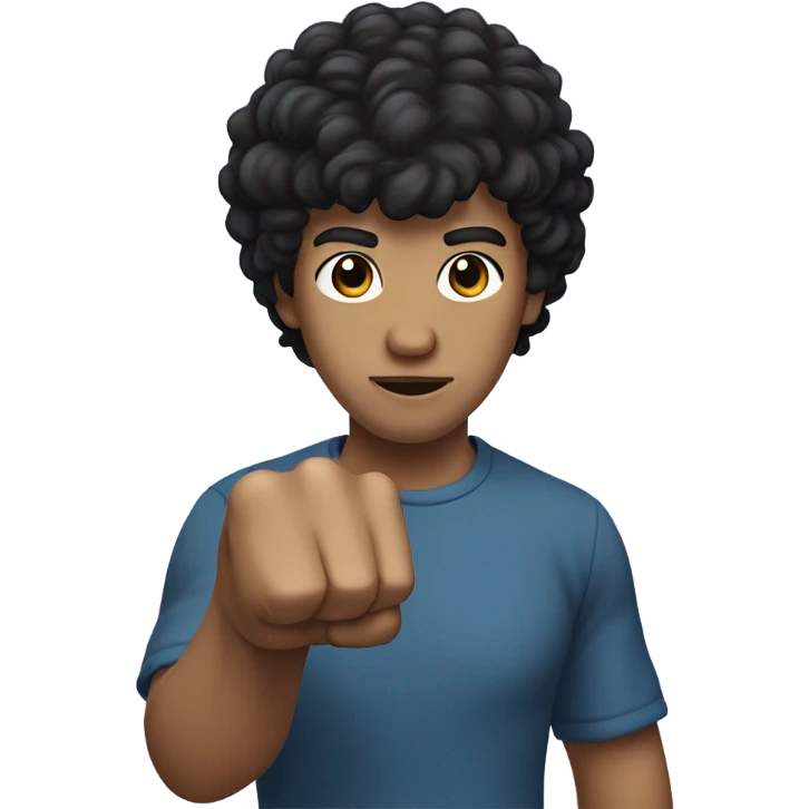 man with short curly black hair with bangs, white skin type, left hand in a fist, right hand covers left hand  emoji