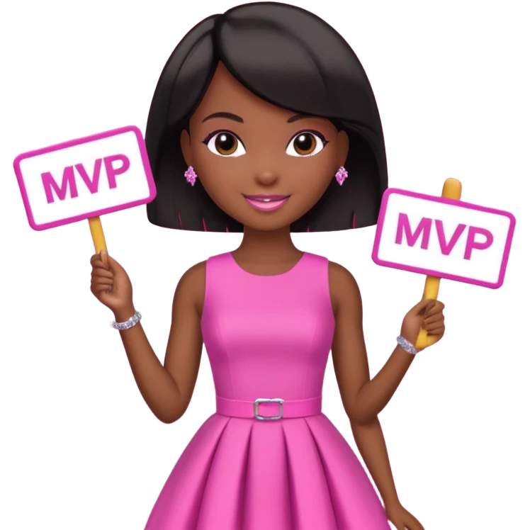 Black barbie, short  black bob  hair, pink dress with a sign that says mvp emoji