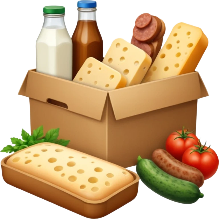 a box of groceries, sausage, cheese, canned meat, herbs, milk, tomatoes, cucumbers, and a loaf of bread emoji
