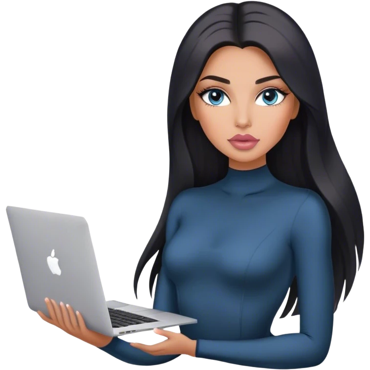 Glamours, tanned, very beautiful girl, with big pump peach-beige-rose lips, long lashes, black straight smooth silky long hair, straight parting hair, blue-grey eyes, inv-neck bodysuit holding MacBook emoji