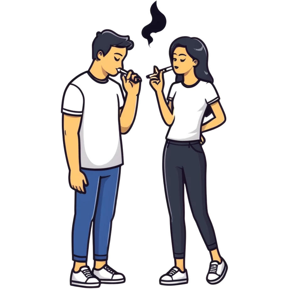 Cartoon couple sneaking into wedding ceremony, both smoking marijuana, full body, tiptoeing with hunched posture emoji