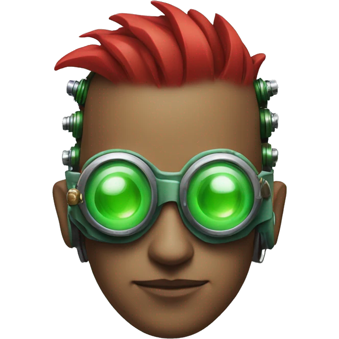 Male cyborg with thin red Mohawk and green steampunk goggles emoji