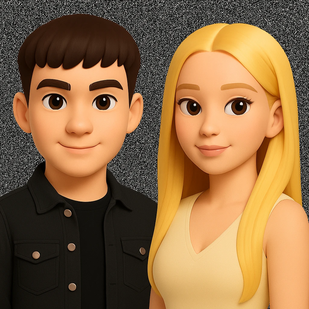 Slightly increase the volume of the upper body of the girl, separate the girl and the boy from each other, and make the skin color the same for both characters. Maintain the cartoonish 3D style in the edit. emoji