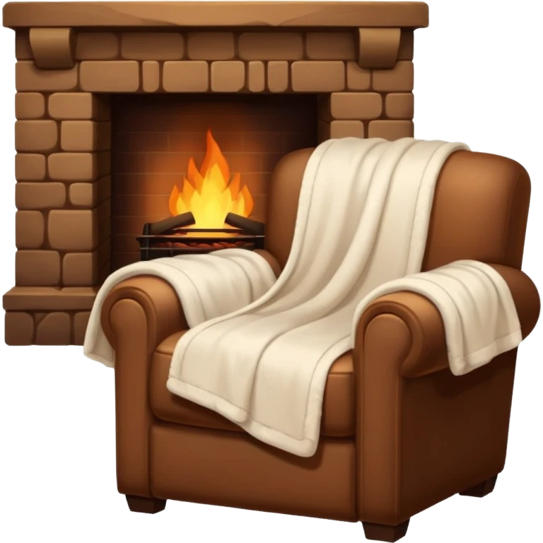 Cozy Armchair with blanket draped over the arm and glowing fireplace beside it emoji