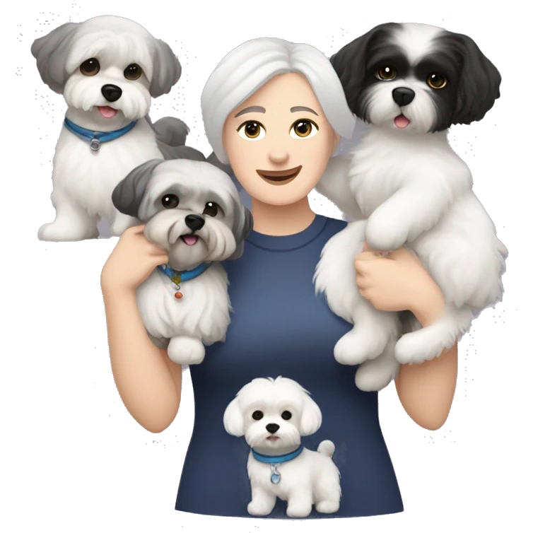 Caucasian women with short grey hair holding two dogs one black shih tzu and one white bichon frise emoji