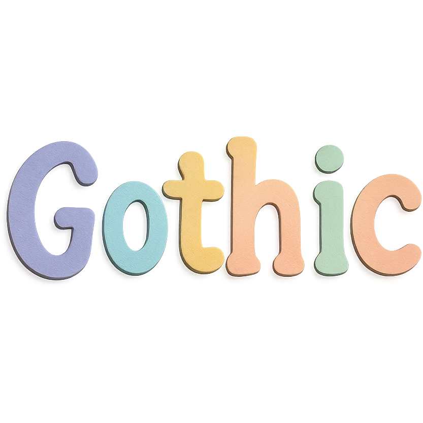 "Gothic" in soft pastel rainbow quirky handwritten font, kawaii, no outline, 3D paper-craft effect emoji