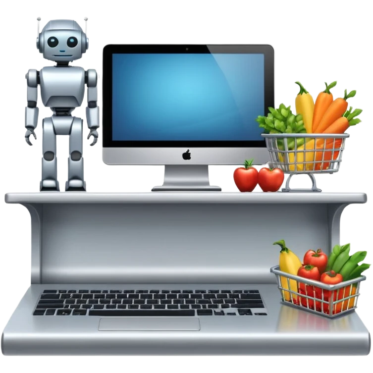 Grocery shelf design on a computer with a robot at the keyboard emoji