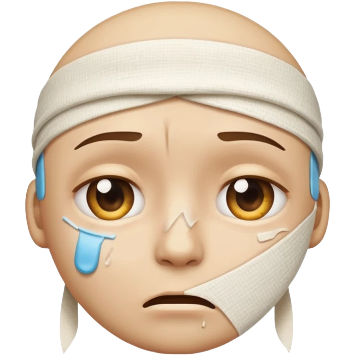 face emoji with bandages and tears at the corner of eyes, distressed expression emoji