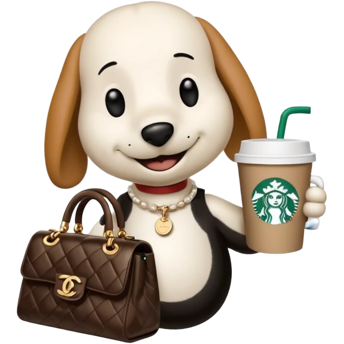 snoopy in a desk with starbucks and his chanel purse emoji