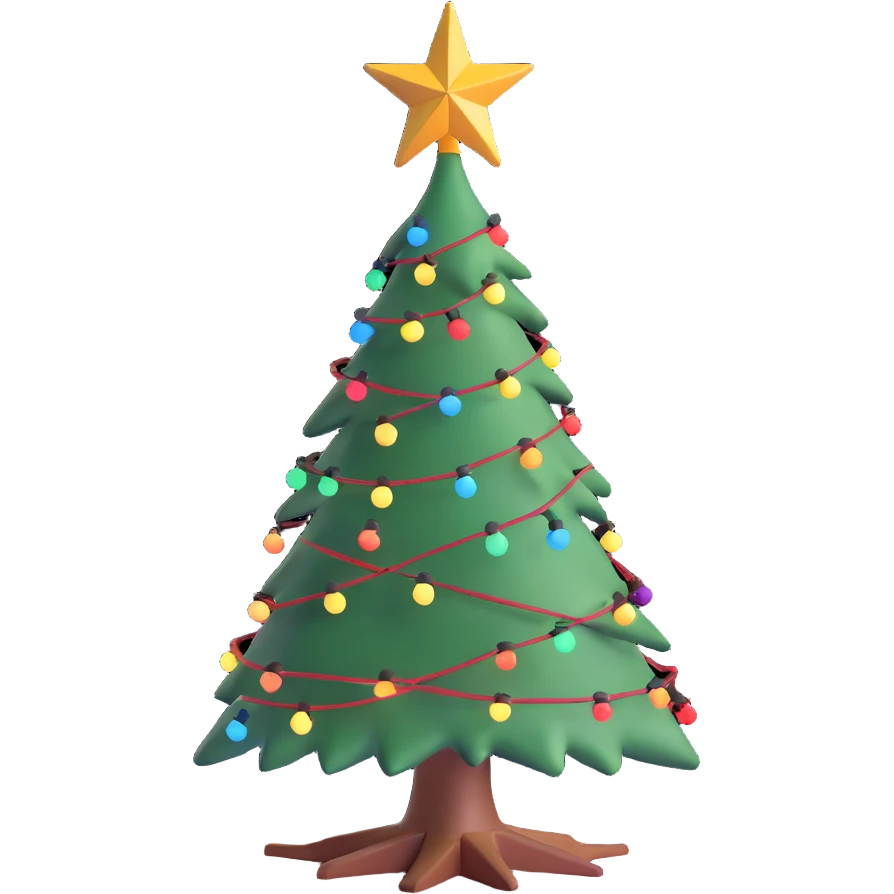 a really bad christmas tree, patchy, with tangled lights and a tilted star emoji