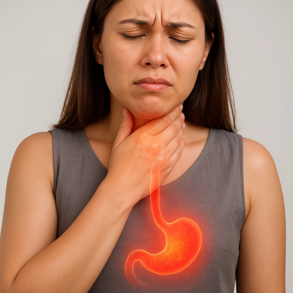 Realistic medical style image of a woman identical to the reference photo, hand on throat, expression of burning sensation, with a glowing or reddish effect rising from the stomach to the esophagus. emoji