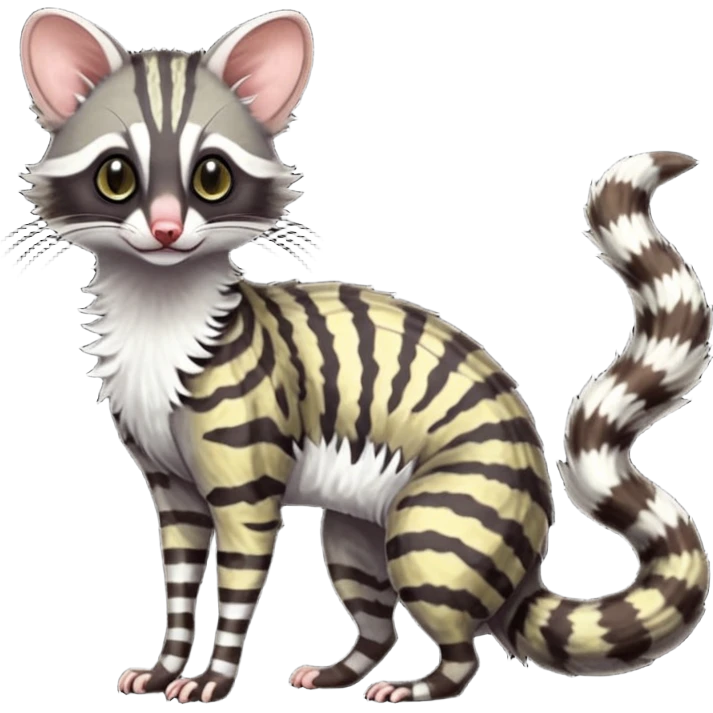 Feral Rare Fantasy shaded detailed colorful Genet-Possum-Trico-Civet-Cacomistle-Margay-species by LiLaiRa,, with white stripes with dark-blackish points, white belly, random markings, tufted tail, tufted ears, full body emoji