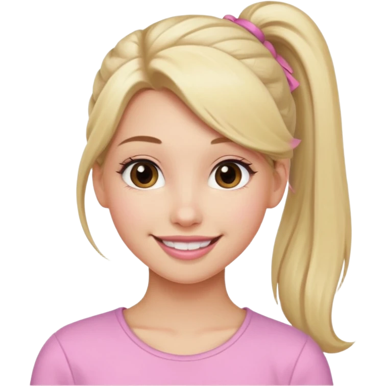 a cute woman like a barbie is smiling, her hair is long, blonde and half ponytail, her eyes color are brown and the color of her lip is soft pink emoji