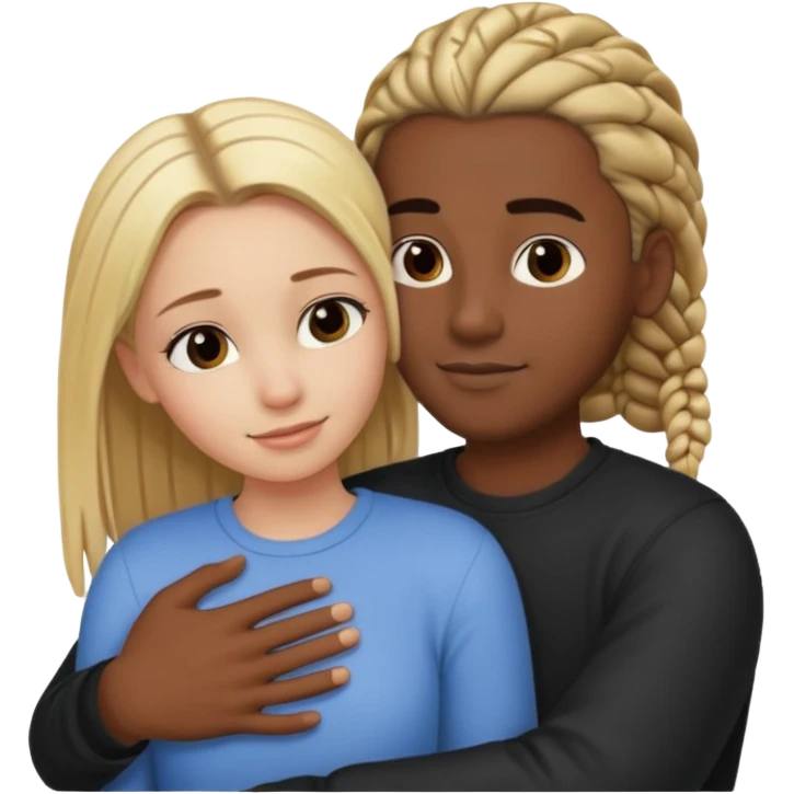 blonde girl with straight hair and medium toned guy with darn brown cornrows hair hugging emoji