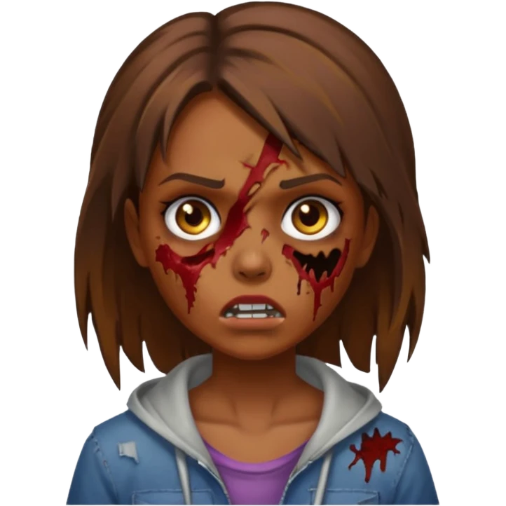 menina zumbi com a cara arranhada e franja morena emoji