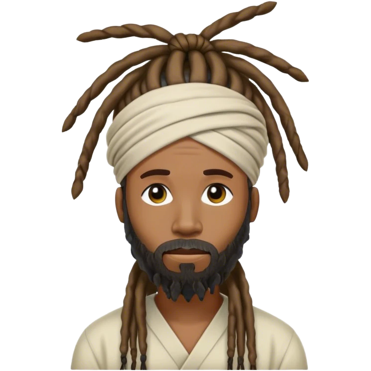 40 year old man with floor length dreads tied on top of his head with a beard emoji