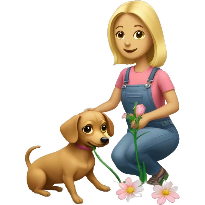 Blonde woman and chiweenie planting flower emoji