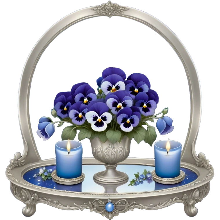 An enchanting nighttime scene where rich blue pansies bloom in a mystical landscape, their petals appearing almost luminous under the soft radiance of a silver crescent moon. A pearl-colored candle, embellished with intricate celestial symbols, sits atop an antique mirror tray, reflecting its warm glow. Wisps of silver mist curl around the flowers, and tiny glowing stars seem to hover just above the ground, adding to the dreamlike atmosphere. In the distance, a faint silhouette of a gothic archway frames the moon, enhancing the scene’s otherworldly beauty. emoji