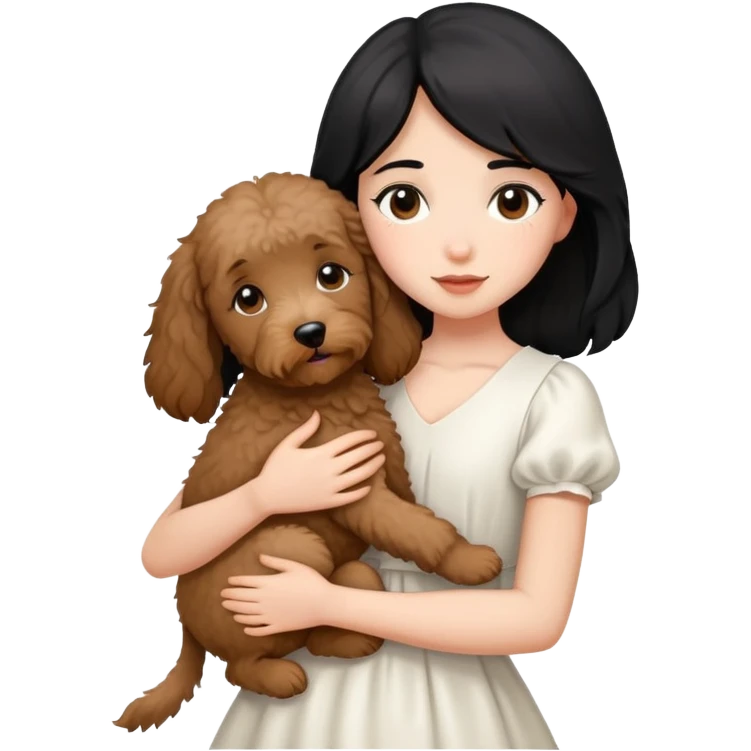 One girl with medium long black hair dressing white dress , hugging One little brown coated labradoodle. emoji