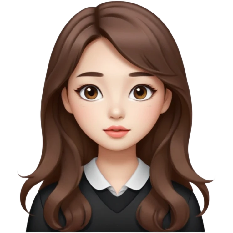 “korean straight brown hair Emoji girl, soft eyeliner and blush, gradient lips, light brown shimmer eyeshadow, long wavy hair,  emoji