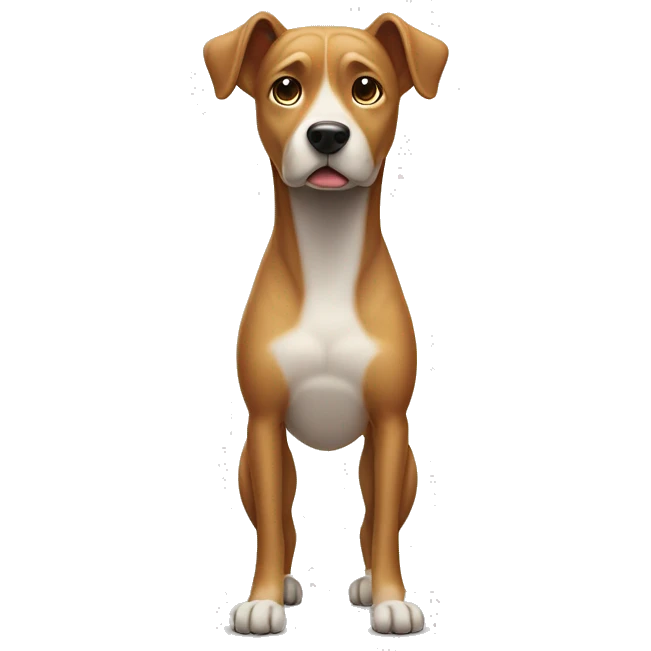 Dog standing on its hind legs with a neutral expression staring at the screen emoji