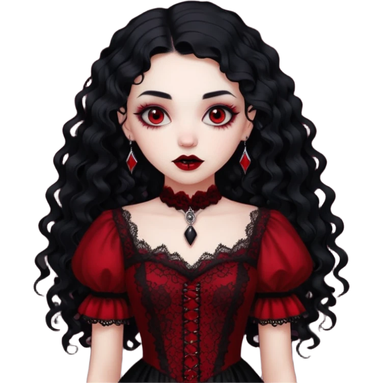 A girl with a red goth vampire look in a blck and red goth lace dress long black curly hair  emoji