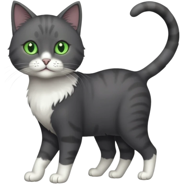 full body solid dark grey cat with green eyes, white paws and white whiskers walking emoji