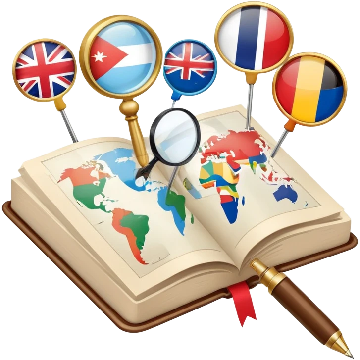 An icon featuring an open book, a pen, and speech bubbles, symbolizing philology and linguistics. The design includes alphabet letters, a magnifying glass, and flags of different countries, representing global languages and communication. Transparent background highlights language study. emoji