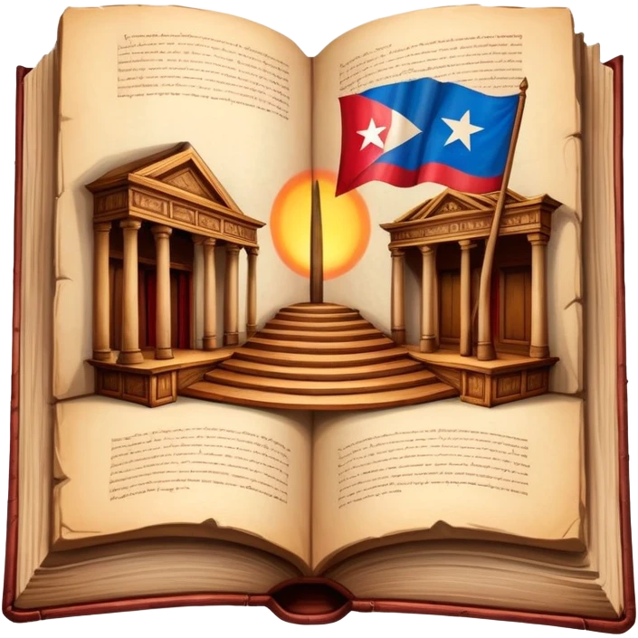 Ancient book open to display hand-drawn theatrical set design sketches on parchment pages, with Puerto Rican flag colors subtly incorporated, wooden theater elements, warm glowing aura emoji