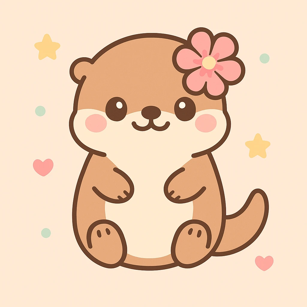 an otter with a hibiscus flower behind its ear, kawaii style emoji